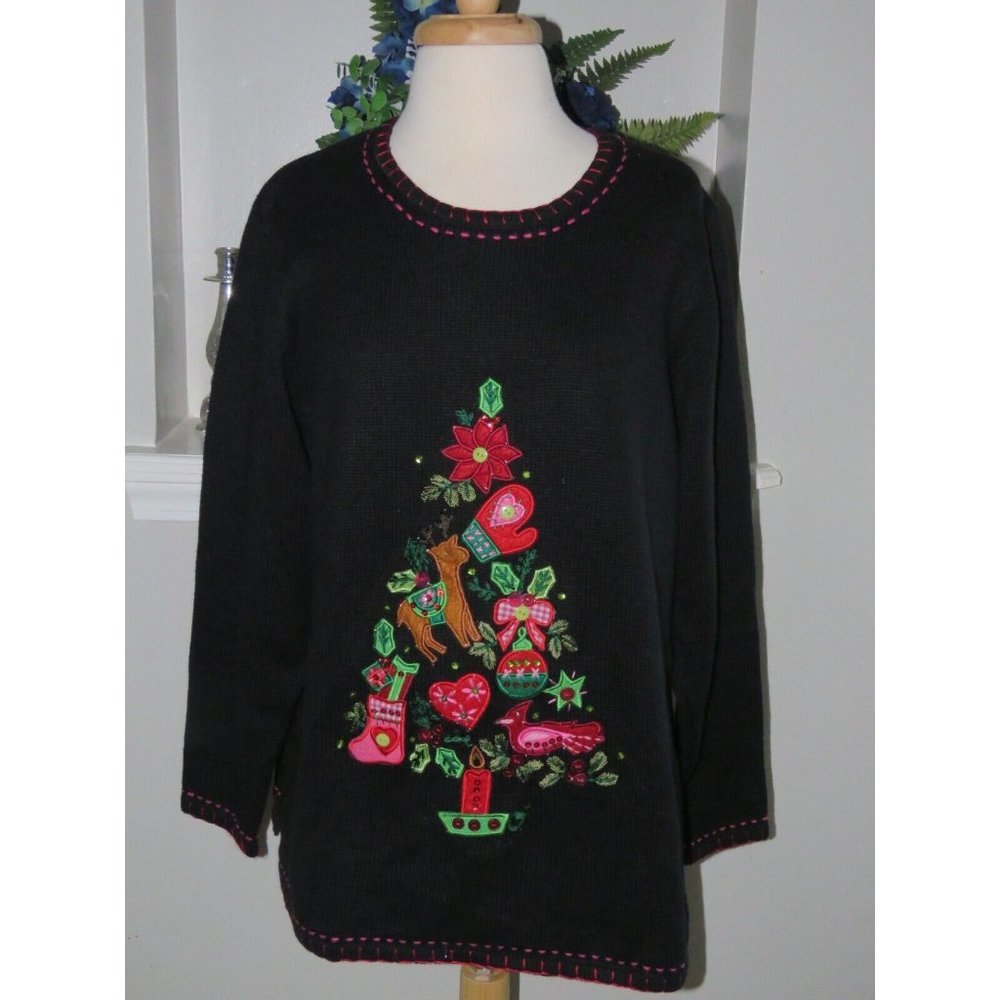 Quacker Factory Black Christmas Tree Appliqué Sweater with Red & Green Accents